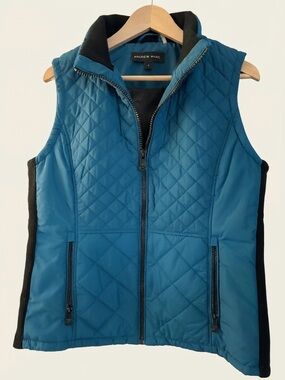 Andrew Marc Teal Quilted Zip-Up Vest with Black Side Panels